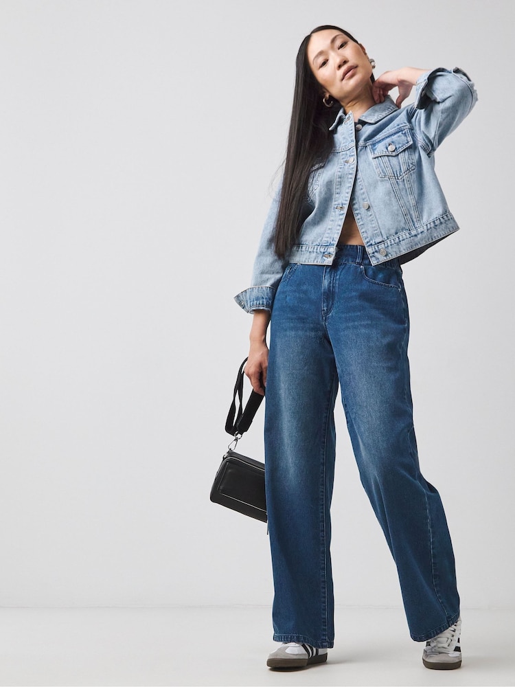 JD Williams Blue Elasticated Waist Wide Leg Jeans - Image 1 of 4 JD Williams Blue Elasticated Waist Wide Leg Jeans - Image 1 of 4