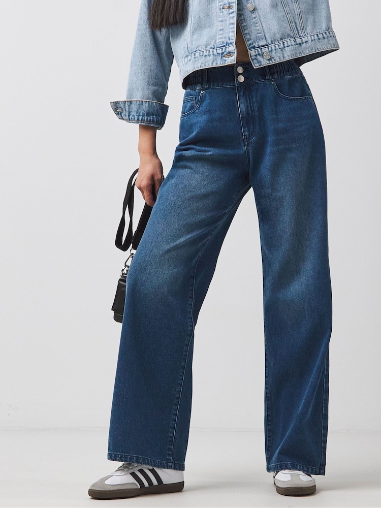 JD Williams Blue Elasticated Waist Wide Leg Jeans - Image 2 of 4 JD Williams Blue Elasticated Waist Wide Leg Jeans - Image 2 of 4