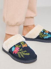 JD Williams Blue Wide Fit Embroidered Mule Slippers - Image 3 of 4