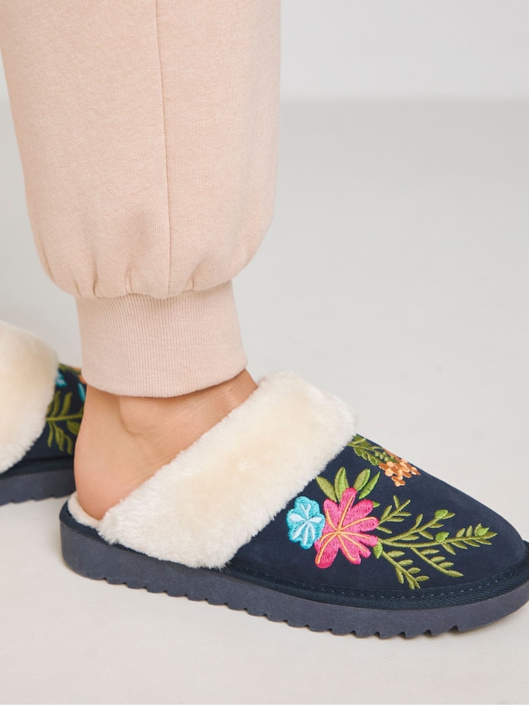 JD Williams Blue Wide Fit Embroidered Mule Slippers - Image 4 of 4