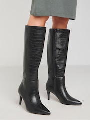 JD Williams Black Knee High Heeled Boots With Pointed Toe In Wide Fit - Image 1 of 4