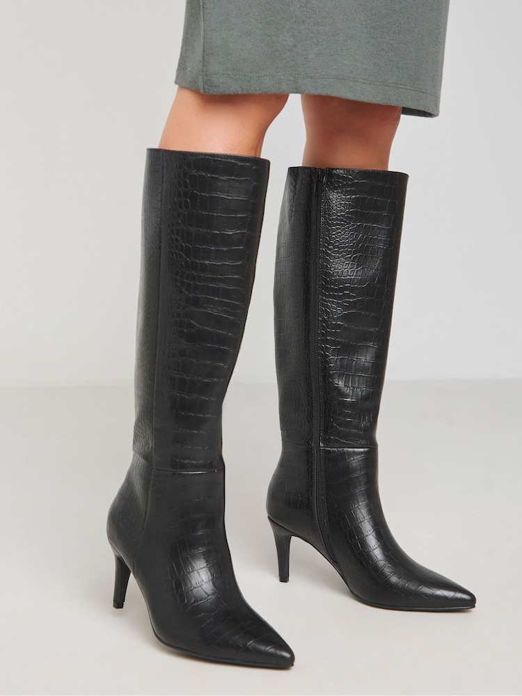 JD Williams Black Knee High Heeled Boots With Pointed Toe In Wide Fit - Image 1 of 4