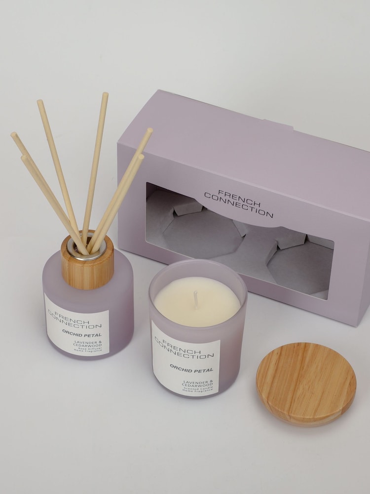 French Connection Lilac Pastel Range Orchid Petal 130G Candle and 100ML Reed Diffuser Gift Set - Image 1 of 5
