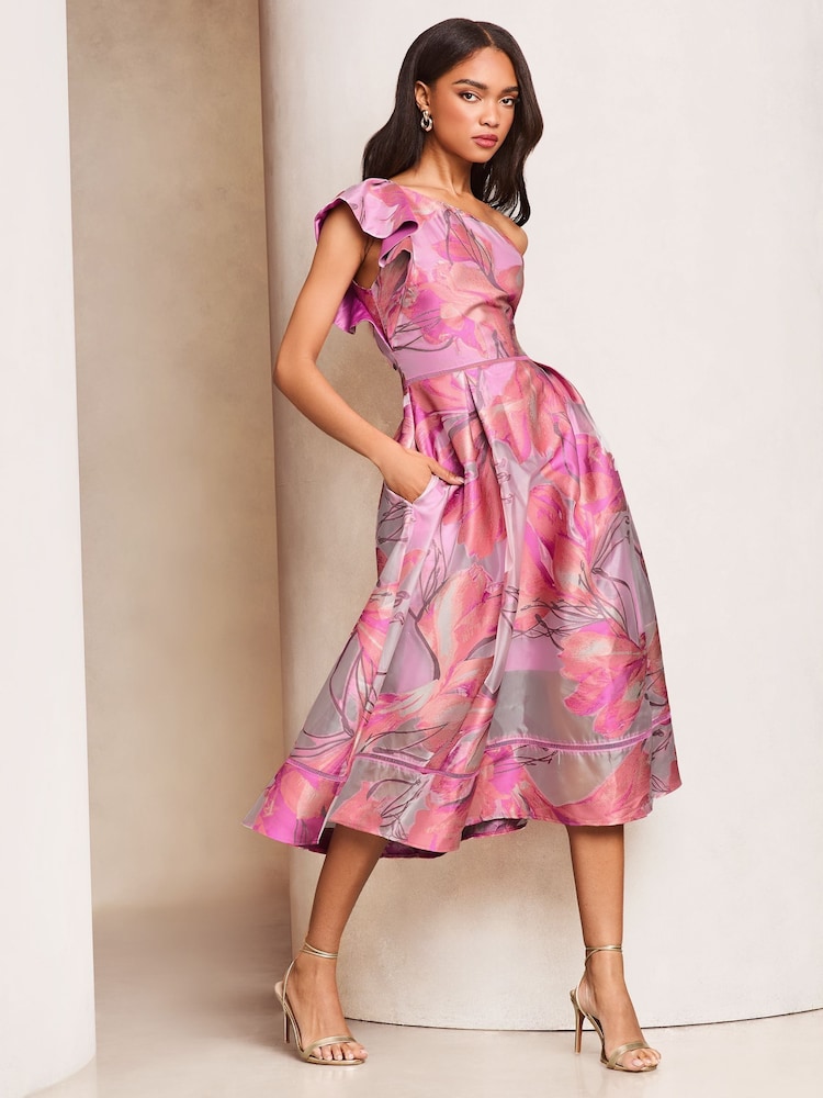 Lipsy Pink Premium Frill One Shoulder Floral Jacquard Prom Midi Dress - Image 3 of 4