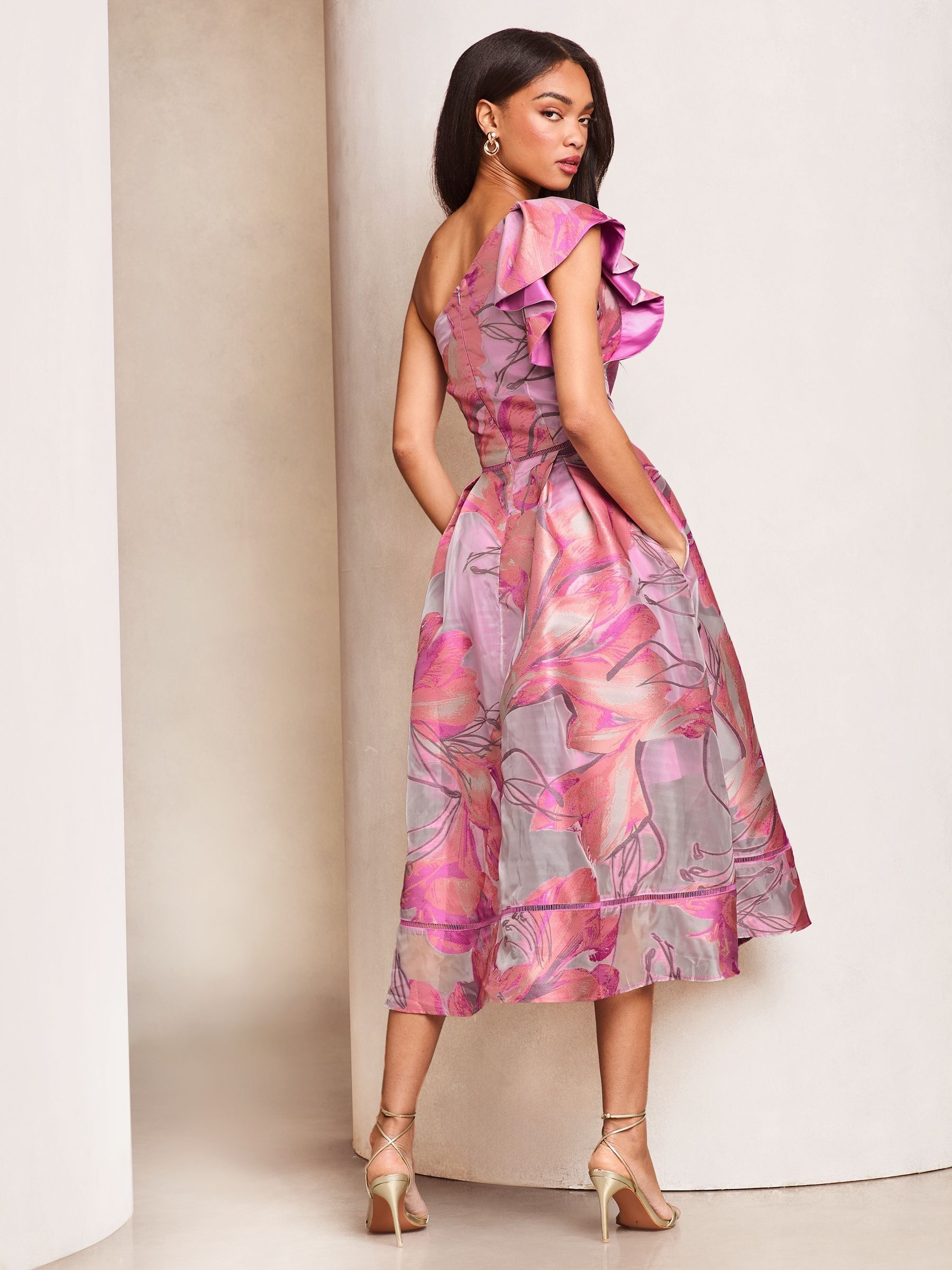 Buy Lipsy Pink Premium Frill One Shoulder Floral Jacquard Prom Midi Buy Lipsy Pink Premium Frill One Shoulder Floral Jacquard Prom Midi