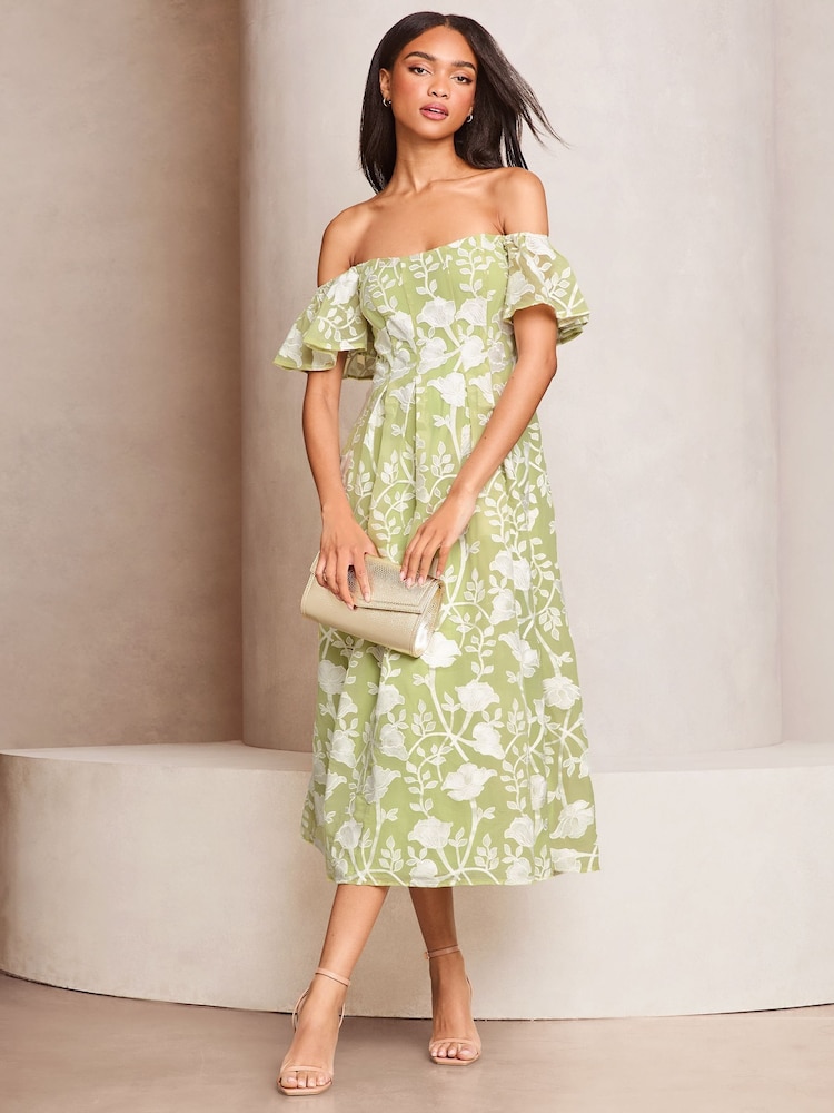 Lipsy Premium Floral Embroidered Bardot Midi Prom Dress - Imagen 1 de 4