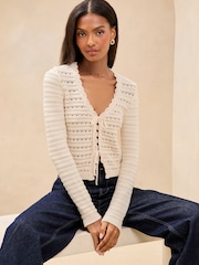 Lipsy Neutral Crochet V-Neck Scalloped Edge Tie Front Knitted Cardigan - Image 1 of 4