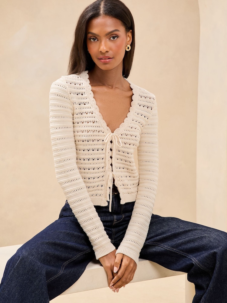 Lipsy Neutral Crochet V-Neck Scalloped Edge Tie Front Knitted Cardigan - Image 1 of 4