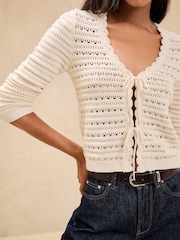 Lipsy Neutral Crochet V-Neck Scalloped Edge Tie Front Knitted Cardigan - Image 2 of 4