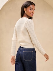Lipsy Neutral Crochet V-Neck Scalloped Edge Tie Front Knitted Cardigan - Image 4 of 4