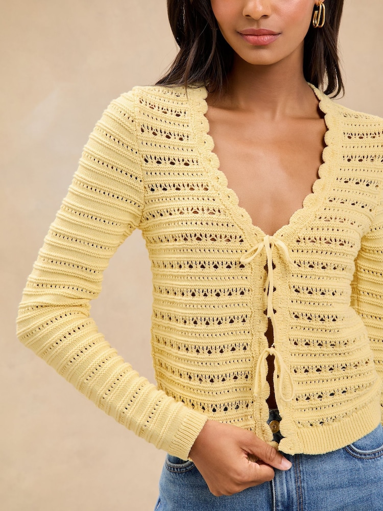 Lipsy Buttermilk Yellow V-Neck Scalloped Edge Tie Front Knitted Cardigan - Image 1 of 4