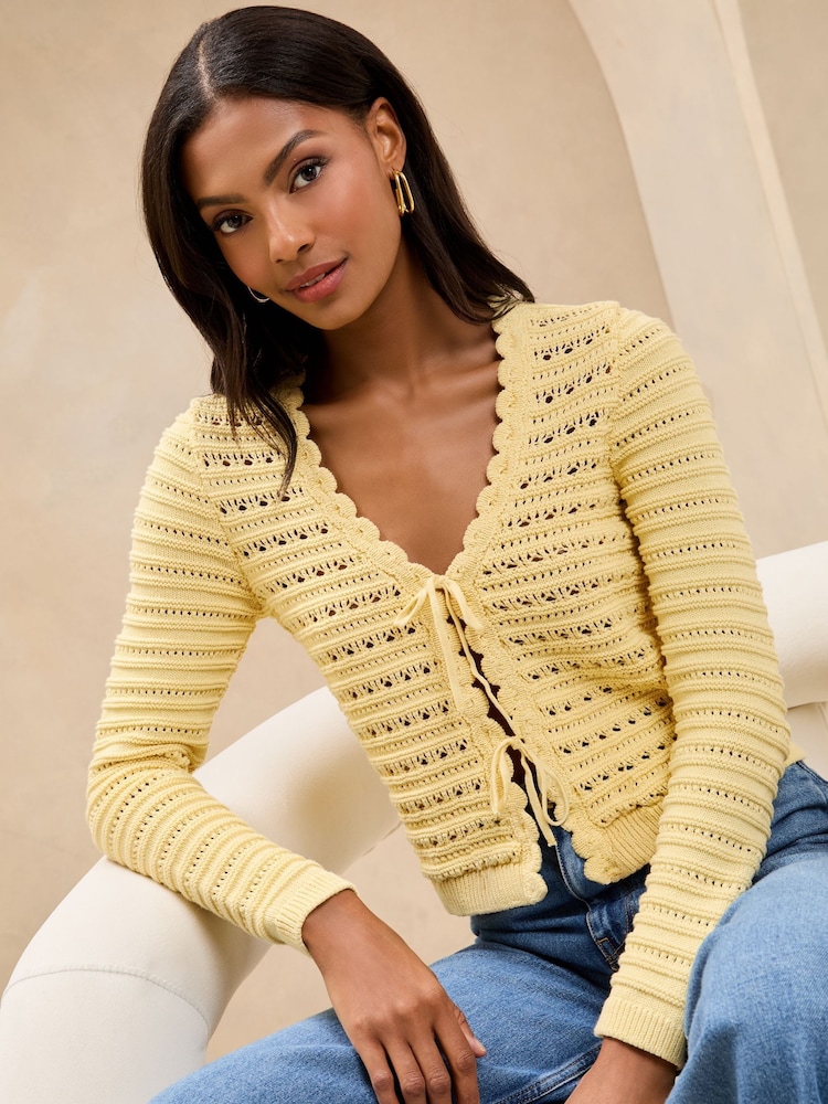 Lipsy Buttermilk Yellow V-Neck Scalloped Edge Tie Front Knitted Cardigan - Image 2 of 4