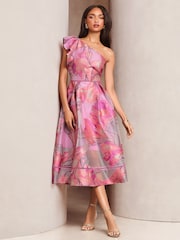 Lipsy Premium Frill One Shoulder Floral Jacquard Prom Midi Dress - Imagen 1 de 4