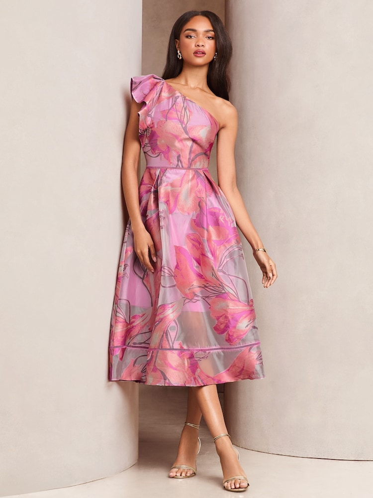 Lipsy Premium Frill One Shoulder Floral Jacquard Prom Midi Dress - Imagen 1 de 4