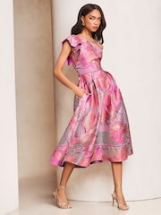 Lipsy Premium Frill One Shoulder Floral Jacquard Prom Midi Dress - Imagen 3 de 4