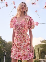 Lipsy Pink Premium Textured 3D Floral Short Sleeve Skater Mini Dress - Image 1 of 5