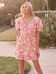 Lipsy Pink Premium Textured 3D Floral Short Sleeve Skater Mini Dress - Image 3 of 5