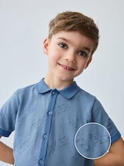 Baker by Ted Baker Blue 100% Cotton Knitted Textured Shirt and Shorts Set - Image 1 of 10