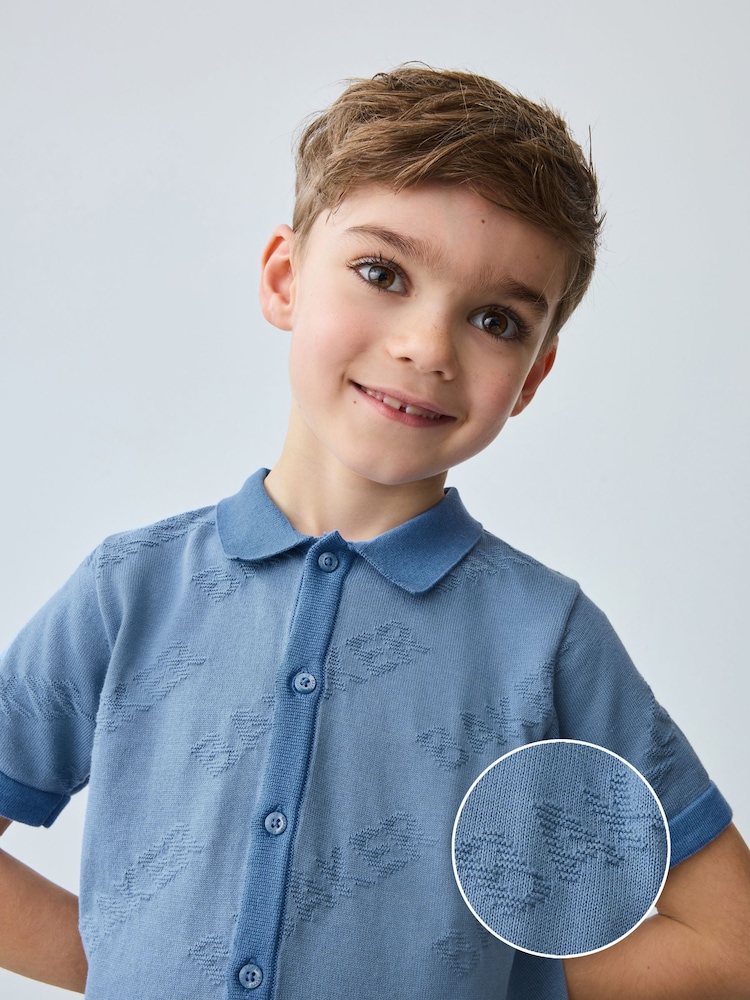 Baker by Ted Baker Blue 100% Cotton Knitted Textured Shirt and Shorts Set - Image 1 of 10