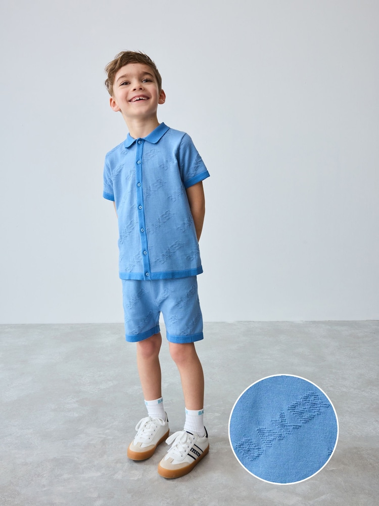 Baker by Ted Baker Blue 100% Cotton Knitted Textured Shirt and Shorts Set - Image 2 of 10