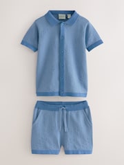 Baker by Ted Baker Blue 100% Cotton Knitted Textured Shirt and Shorts Set - Image 4 of 10