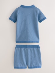 Baker by Ted Baker Blue 100% Cotton Knitted Textured Shirt and Shorts Set - Image 5 of 10