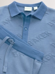 Baker by Ted Baker Blue 100% Cotton Knitted Textured Shirt and Shorts Set - Image 6 of 10