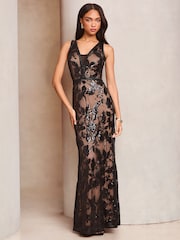 Lipsy Black Premium Sequin Floral V-Neck Maxi Dress - Image 1 of 4