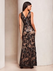 Lipsy Black Premium Sequin Floral V-Neck Maxi Dress - Image 4 of 4