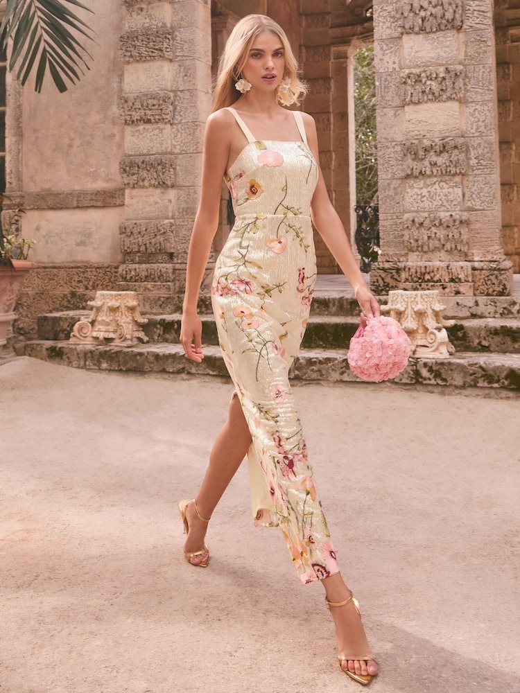 Lipsy Cream Premium Sequin Embroidered Cami Maxi Dress - Image 1 of 4