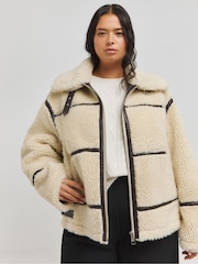 Simply Be Cream Borg Trim Aviator Coat - Image 1 of 4