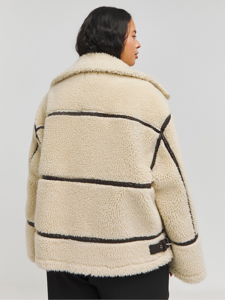 Simply Be Cream Borg Trim Aviator Coat - Image 2 of 4