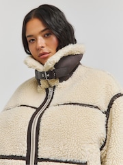 Simply Be Cream Borg Trim Aviator Coat - Image 4 of 4