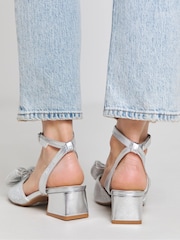 Simply Be Silver Wide Fit Low Heel Bow Occasion Sandals In Extra Wide Fit - Image 1 of 5