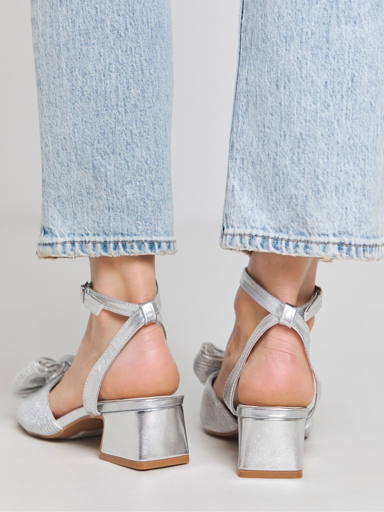 Simply Be Silver Wide Fit Low Heel Bow Occasion Sandals In Extra Wide Fit - Image 1 of 5