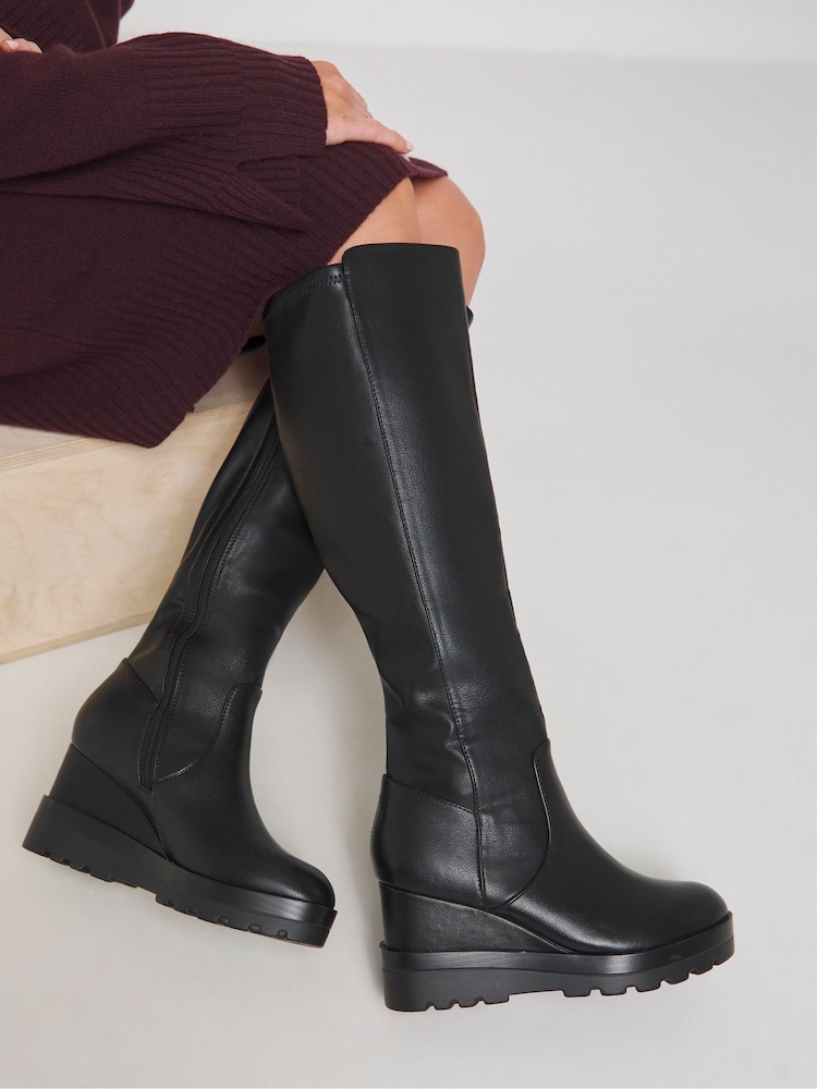 Simply Be Black Extra Wide Fit  Stretch Knee High Wedge Boots With Small Stud Detailing With Super Curvy Calf - Image 1 of 4