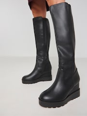 Simply Be Black Extra Wide Fit  Stretch Knee High Wedge Boots With Small Stud Detailing With Super Curvy Calf - Image 2 of 4