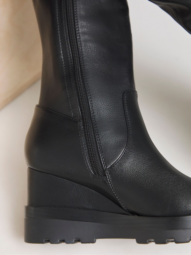 Simply Be Black Extra Wide Fit  Stretch Knee High Wedge Boots With Small Stud Detailing With Super Curvy Calf - Image 4 of 4