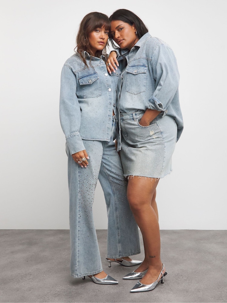 Simply Be Blue Light Wash 100% Cotton Embellished Wide Leg Jeans - Image 1 of 4