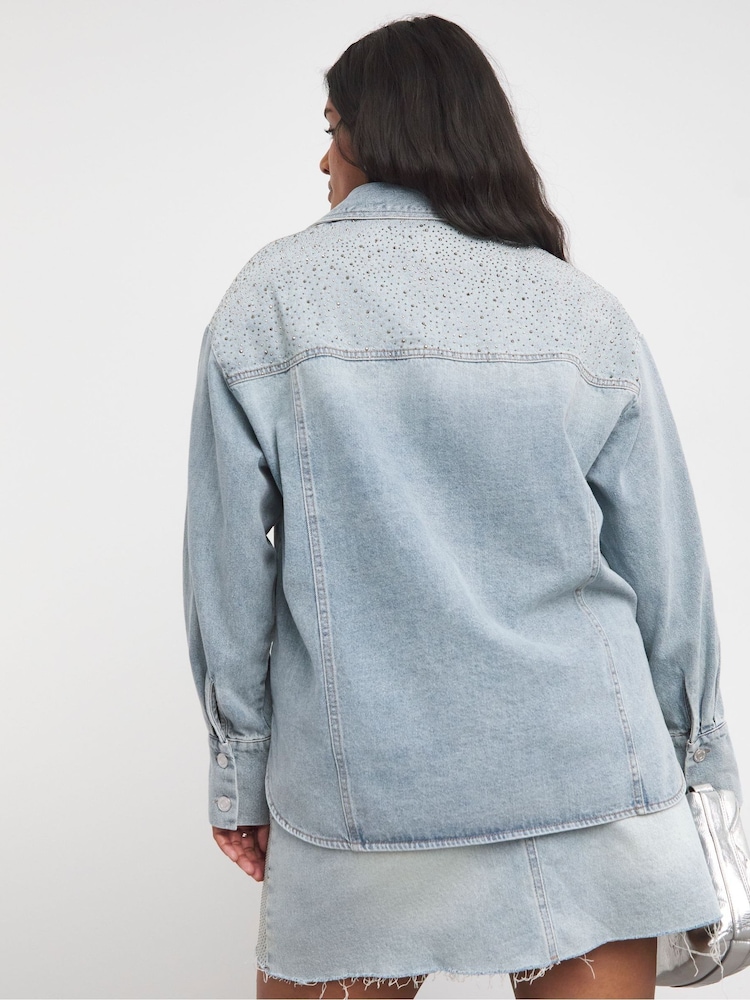 Simply Be Blue Light Wash 100% Cotton Embellished Wide Leg Jeans - Image 2 of 4