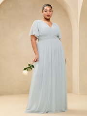 Lipsy Blue Curve Short Sleeve Pearl Trim Mesh Maxi Bridesmaid Dress - Image 1 of 4