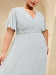 Lipsy Blue Curve Short Sleeve Pearl Trim Mesh Maxi Bridesmaid Dress - Image 2 of 4