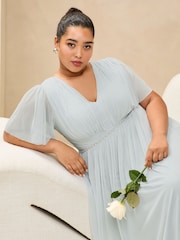 Lipsy Blue Curve Short Sleeve Pearl Trim Mesh Maxi Bridesmaid Dress - Image 3 of 4