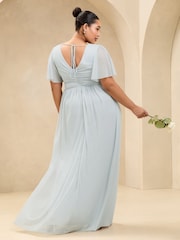 Lipsy Blue Curve Short Sleeve Pearl Trim Mesh Maxi Bridesmaid Dress - Image 4 of 4