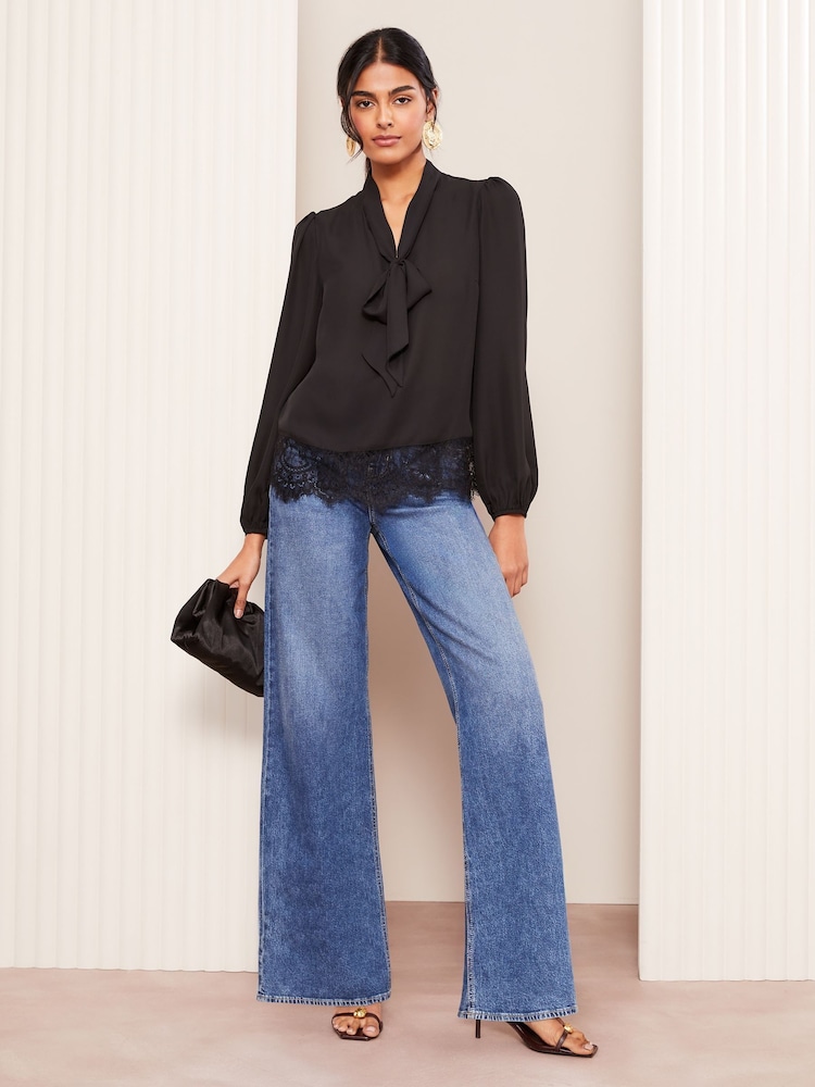 Friends Like These Black Long Sleeve Bow Front Lace Hem Blouse - Image 2 of 4