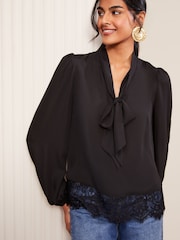 Friends Like These Black Long Sleeve Bow Front Lace Hem Blouse - Image 3 of 4