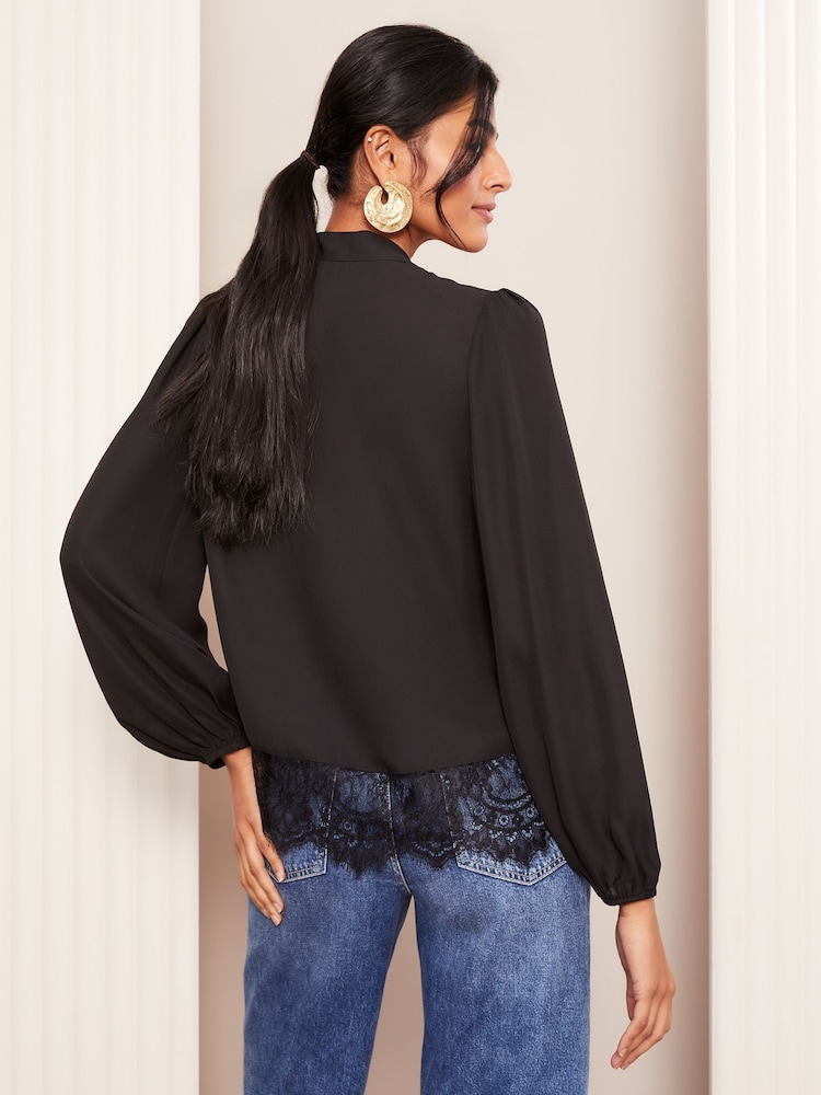 Friends Like These Black Long Sleeve Bow Front Lace Hem Blouse - Image 4 of 4