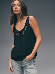 Black Satin Lace Insert Scoop Cami Top - Image 1 of 8