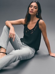 Black Satin Lace Insert Scoop Cami Top - Image 3 of 8