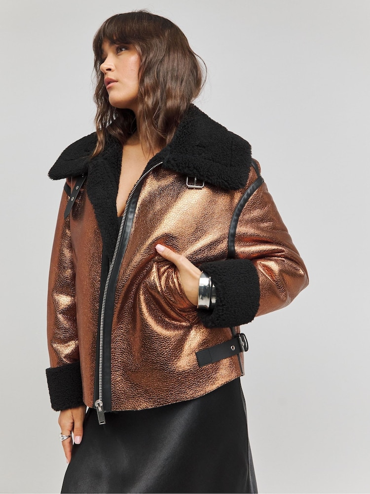 Simply Be Metallic Copper Shearling Aviator Coat - Image 1 of 4